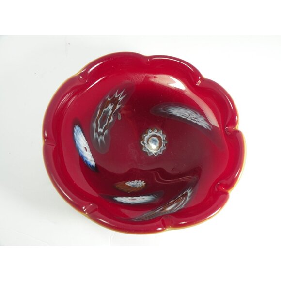 Vintage Mid Century Italian Murano Millefiori Scalloped Art Glass Bowl Red & Whi - Picture 2 of 11